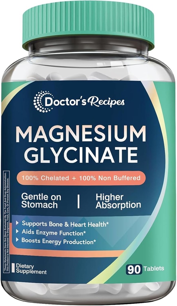 Recettes de docteur Magnésium Glycinate, Magnésium chélaté à haute absorption et non tamponné, facile sur l'estomac, sans gluten, os, nerf et soutien énergétique, 90 comprimés
