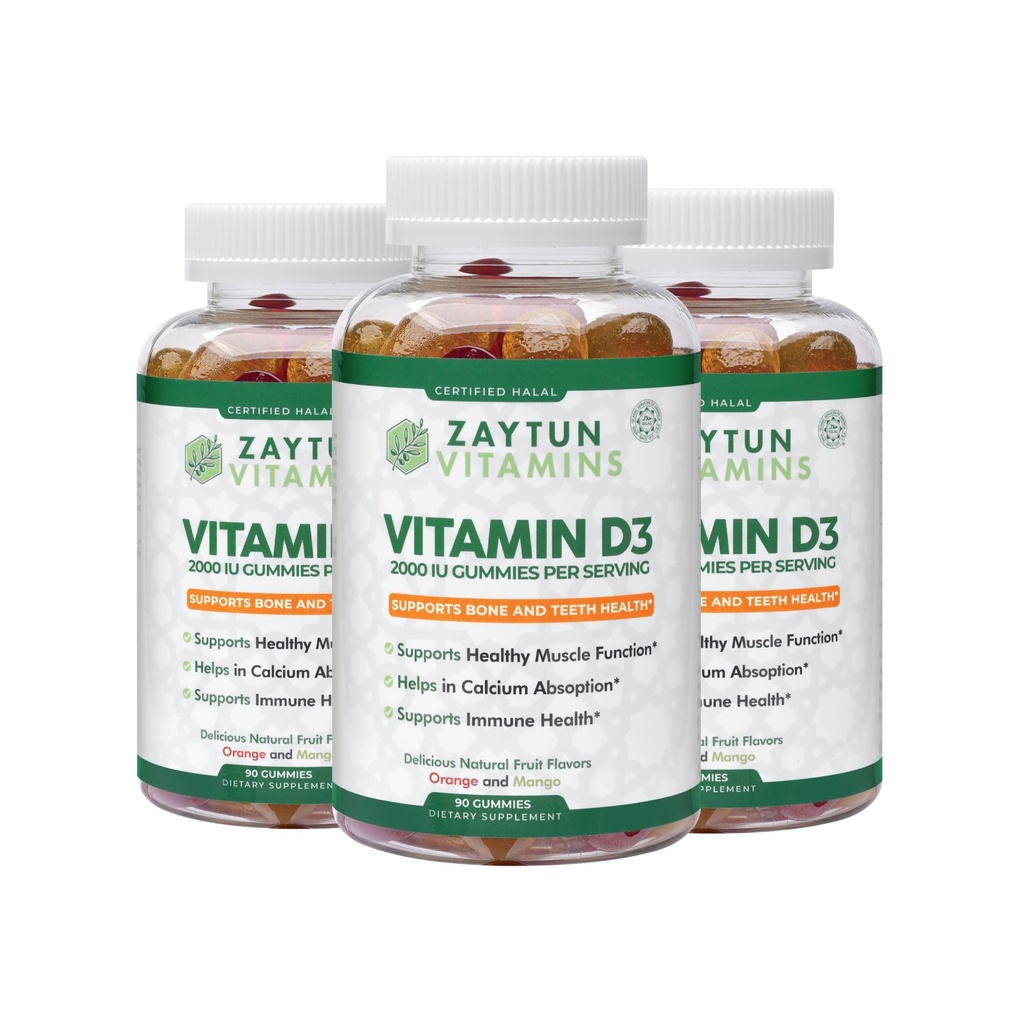 Zaytun Halal Vitamin D3 2000 IU Gummie, unterstützt Knochen & Immune Gesundheit, fördert Muskelfunktion, Gluten & Gelatin Free, (3-Pack) - Made in USA