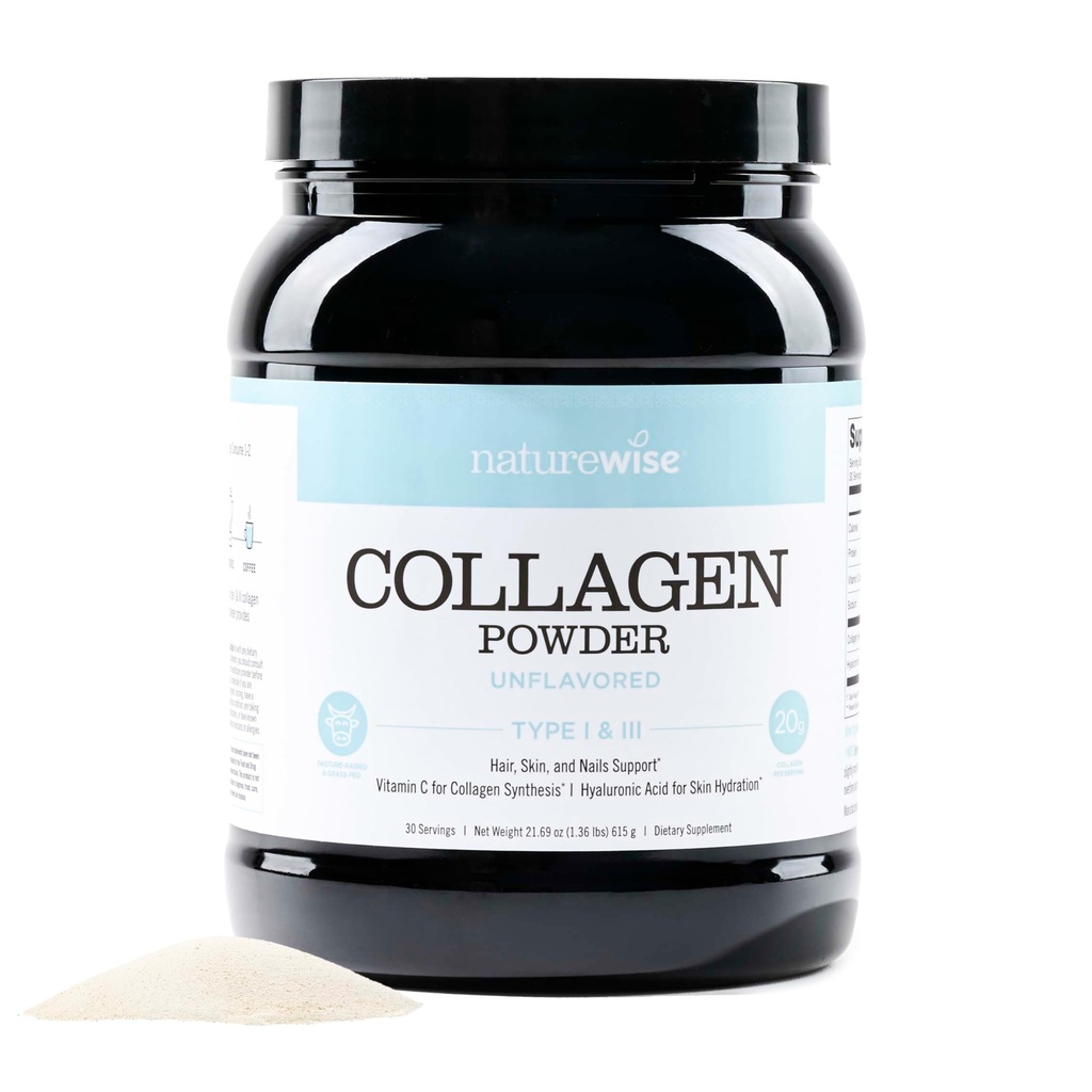 NatureWise Collagen Peptides Pulver mit Hyaluronsäure und Vitamin C - Unflavored Collagen Peptides für Frauen & Männer - Typ I & III für Haar, Haut & Nägel - Zucker, Gluten & Molke kostenlos - 30 Servierungen