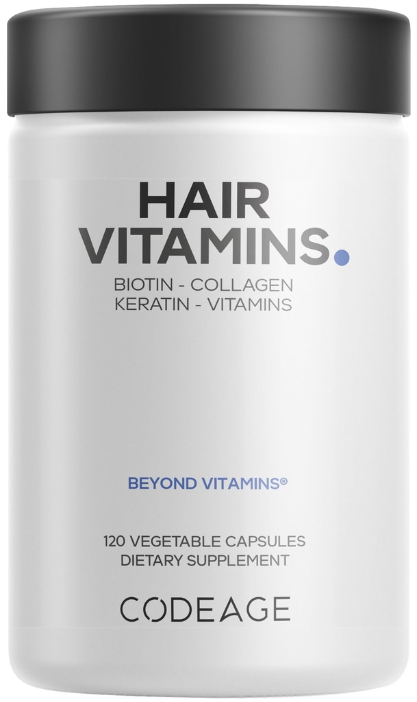 Codeage Haar Vitamine 10000 mcg Biotin, Keratin, Collagen, Vitamin A, B12, C, D3, E, Zink, Kurkuma, Probiotika, Enzyme, Inositol - Haarpflege Unterstützung - Gesunde Haarergänzung Pillen - 120 Kapseln