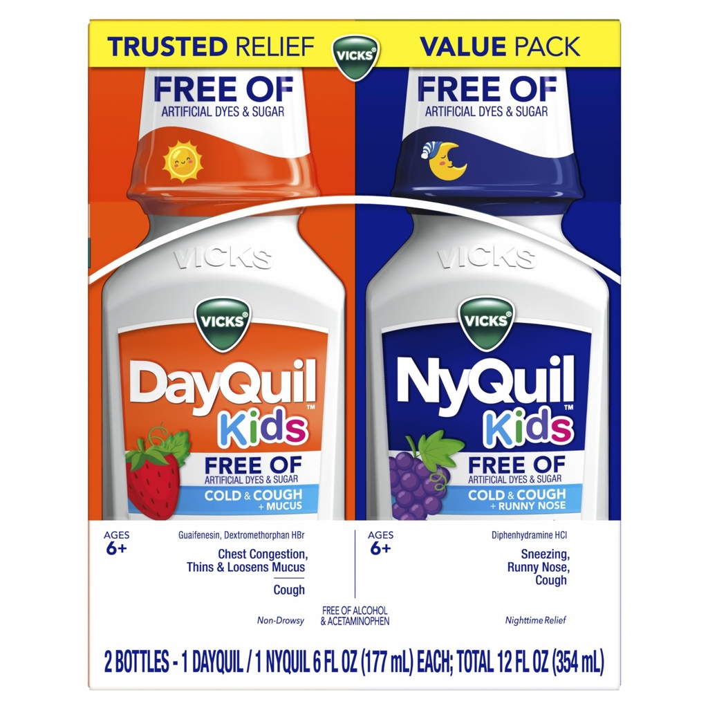 Vicks Kids DayQuil & NyQuil Cold & Cough Relief Liquid Co-Pack, frei von künstlichen Farbstoffen & Zucker, Multi-Symptom Relief von Husten, Niesen, Runny Nose, Mucus, und Chest Congestion, für Alter 6+, 2x6oz