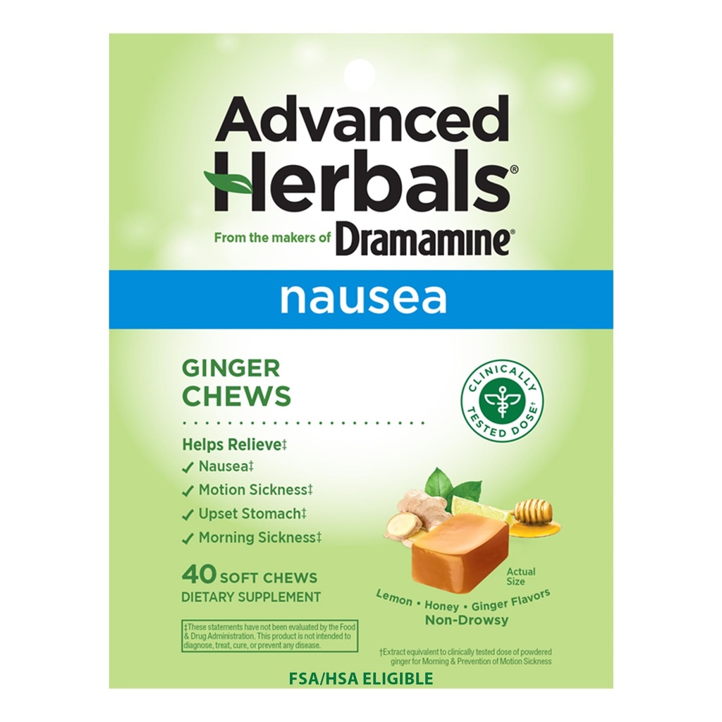 de The Makers of Dramamine, Herbes avancées, Ginger Chews, Nausées Relief Soft Chews Lemon-Honey-Ginger, 40 comtes