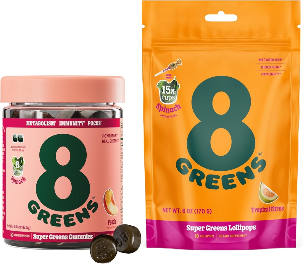 8Greens Daily Greens Gummi und Lollipops, Energie & Immununterstützung,Glutenfrei, Vegan, Non-GMO, Keine künstlichen Farben & Flavors