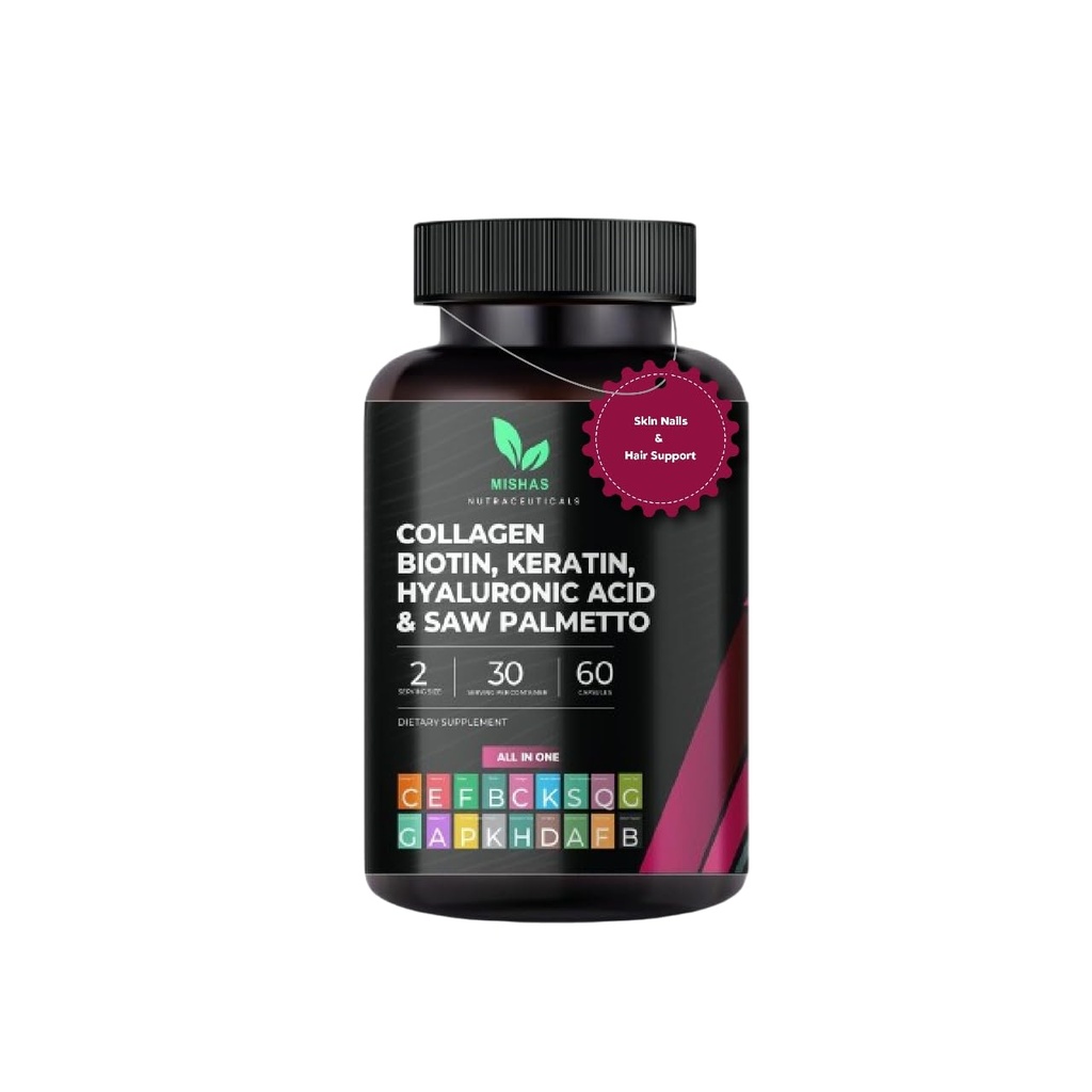 Pilules capillaires multicollagènes - Biotine 10 000mcg, kératine et acide hyaluronique - Croissance des cheveux - Peau et ongles Vitamines et Blocker DHT - Vitamine E Acide folique Graine de citrouille MSM, Saw Palmetto 60 Capsules Vegan