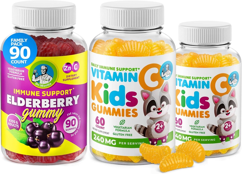 DR. MORITZ Vitamin C Gummi und Elderberry Gummis für Kinder und Erwachsene - Immununterstützung Low-Sugar Chewable Gummy Vitamins für Kleinkinder - Vegetarische Gelatin-freie Kinderernährungsergänzung