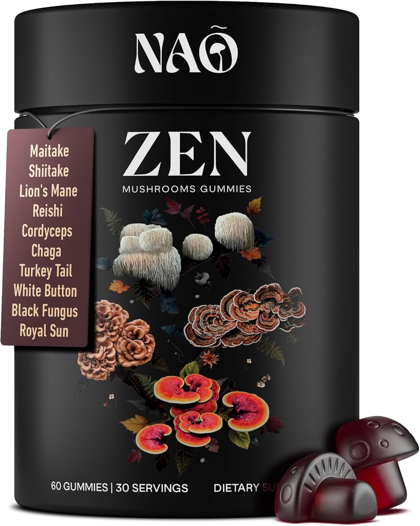 NAO Made in USA 10-in-1 Mushroom Gummies Nootropic – Premium Blend with Reishi, Lion’s Mane, Chaga, Cordyceps, Shiitake, Maitake & Turkey Tail for Brain, Immun & Energy Support –Non-GMO, Vegan