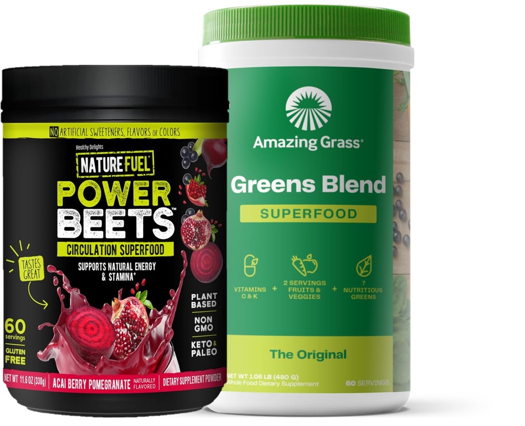 Erstaunliche Gras-Grünen Mischung Superfood: Super Greens Powder Smoothie Mix für Boost Energy, 60 Portionen & Nature Fuel Power Beets Powder, Rübenwurzelpulver, Unterstützung Natürliche Energie, 60 Portionen