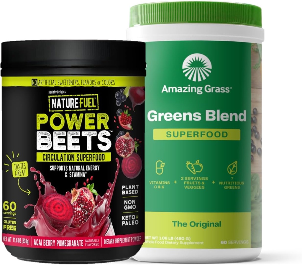Erstaunliche Gras-Grünen Mischung Superfood: Super Greens Powder Smoothie Mix für Boost Energy, 60 Portionen & Nature Fuel Power Beets Powder, Rübenwurzelpulver, Unterstützung Natürliche Energie, 60 Portionen