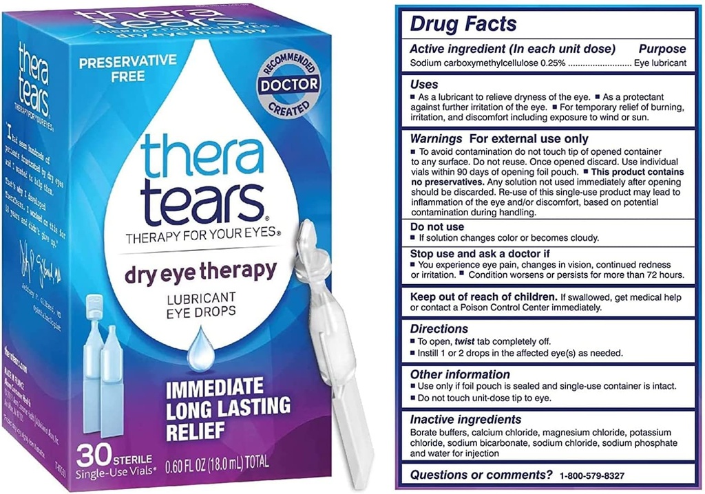 TheraTears Dry Eye Therapy Schmierende Augentropfen für trockene Augen, Konservierungsfreie Augentropfen, 30 Single-Use Vials (3 Pack)