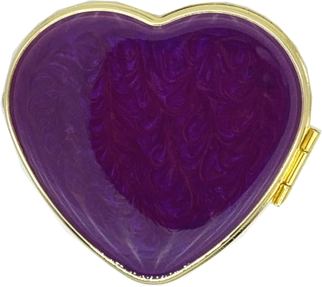Vintage Pill Organizer Portable Compact Cute Pill Box Metal Pill Case for Purse/Pocket to Hold Vitamines/Tylenol/Supplements/Pish Oil/Meds/Tablet(Noble Purple Love Heart with Mirror)