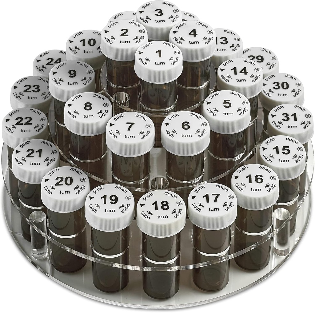 Monatliche Pillen Bottle Organizer Caddy - 31 nummerierte Full-Size Pillen Flaschen w Kinder-Proof Lids für jeden Tag des Monats klar Rack und einfach zu bedienen für tägliche Dosierung von Medikamente Vitamine und Ergänzungen