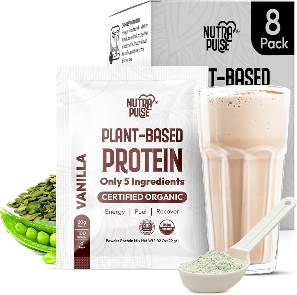 Organic Vegan Protein Powder Sample Pack - Pflanzenbasiertes Protein, Glutenfrei, Non GMO, 20g Protein Per Serving, Great for Smoothies & Shakes (Vanilla, Pack of 8)