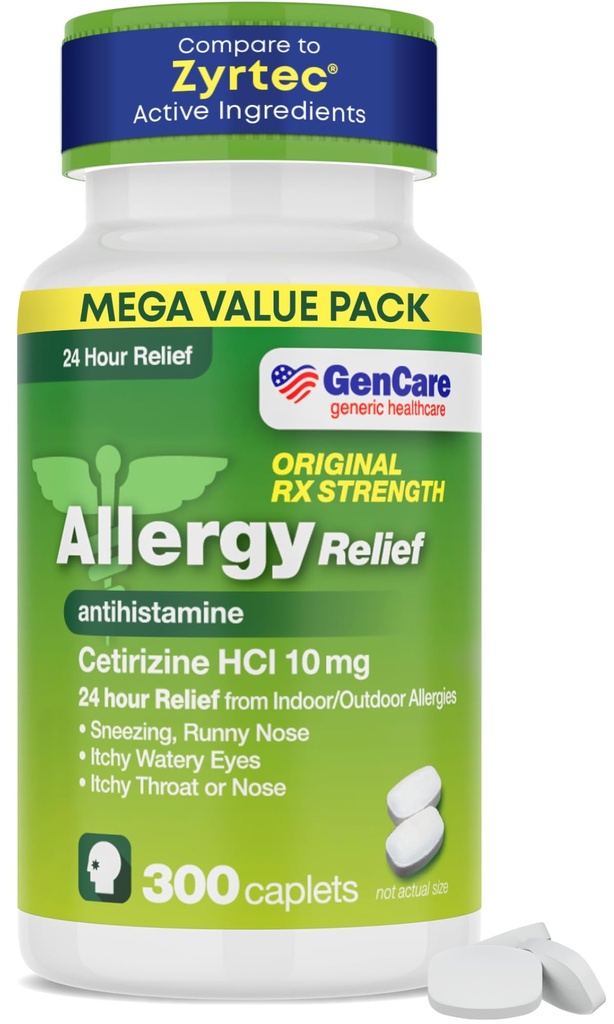 GenCare - Cétirizine HCL 10 mg (300 Caplets) - Pilules antiallergiques de 24 heures - Médicaments antiallergiques génériques non somnolents OTC - Antihistaminique pour Éternuer, Runny Nez & Itchy Yeux - Zyrtc Générique