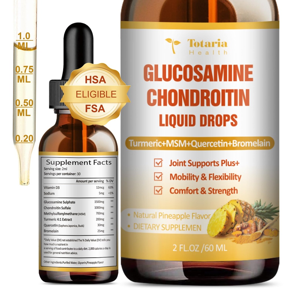 Glucosamin Chondroitin MSM Liquid Drops FSA-HSA - Joint Support Supplement for Mobility, Flexibility & Bones Chondroitin Sulfate Supplement Turmeric, Quercetin, Bromelain, MSM Oil 2 FL.OZ