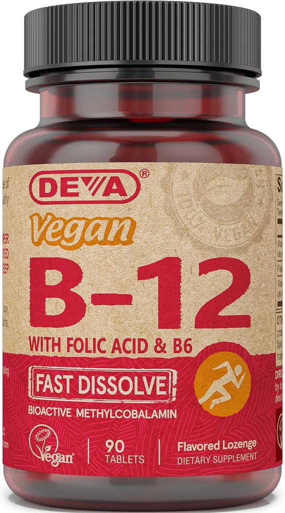 Vitamine végane Deva B12 Supplément dissolvant rapide - Complexe une fois par jour avec 1000 Mg de méthylcobalamine B12, acide folique, B6 - Arôme citron - 90 comprimés dissolvables, 1-paquet