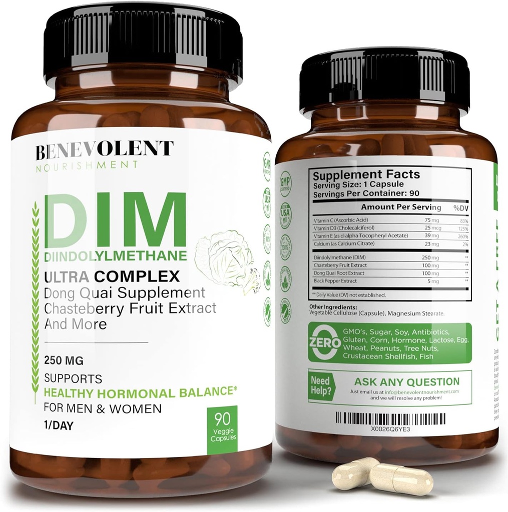 Benevolent Nourishment Maximum Strength DIM Supplement 250mg – 90 Vcaps Diindolylmethan Ultra Complex Plus Chasteberry, Dong Quai Extract + Mehr