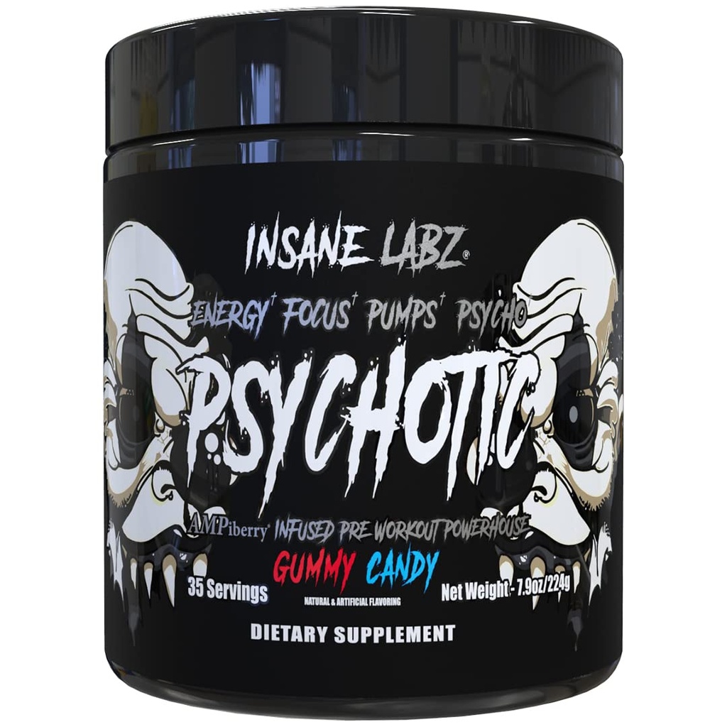 Insane Labz Psychotic Black Edition Mid Stimulant Pre Workout Powder, Energy Focus Pumps, Loaded with Creatine Beta Alanine Taurine Fueled by AMPiberry, 35 Servings (Gummy Candy)