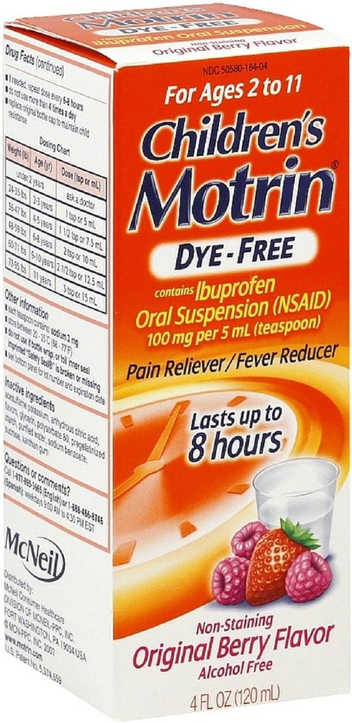 Motrin Kinder Dye-Free Pain Reliever/Fever Reducer, Original Berry Flavor 4 oz (12 Pack)