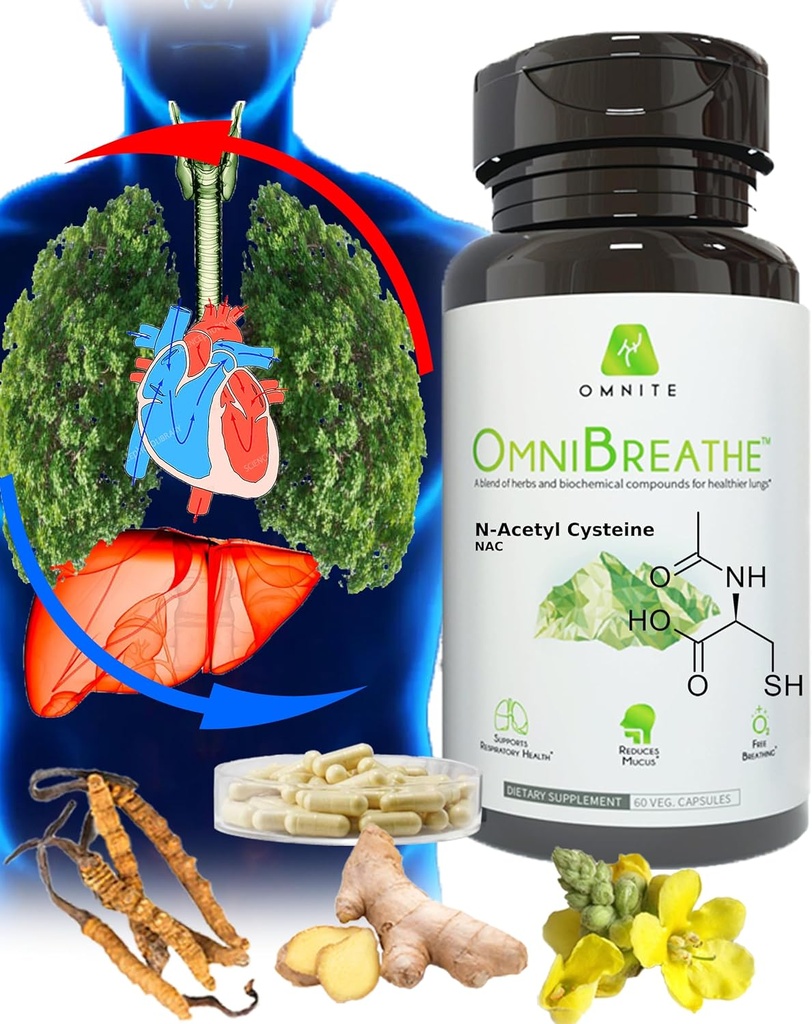 OMNIBREATHE - Fast Improving Breathing Probleme von NAC 600MG Wissenschaftlich geformt w. Quercetin/Mullein/Coq 10/Ginger/Sting Nettle/Bromelain,3 Zeiten w. Meal (10-Day Supply to Boost)