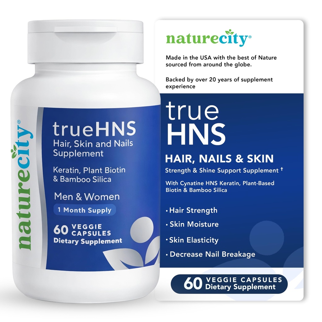 NatureCity True-HNS Haar Nägel und Haut Cynatine Keratin und pflanzenbasierte Biotin Vitamin-Ergänzung | Fuller und Stronger Haar und Nägel | Non GMO | 60 Veggie Kapseln