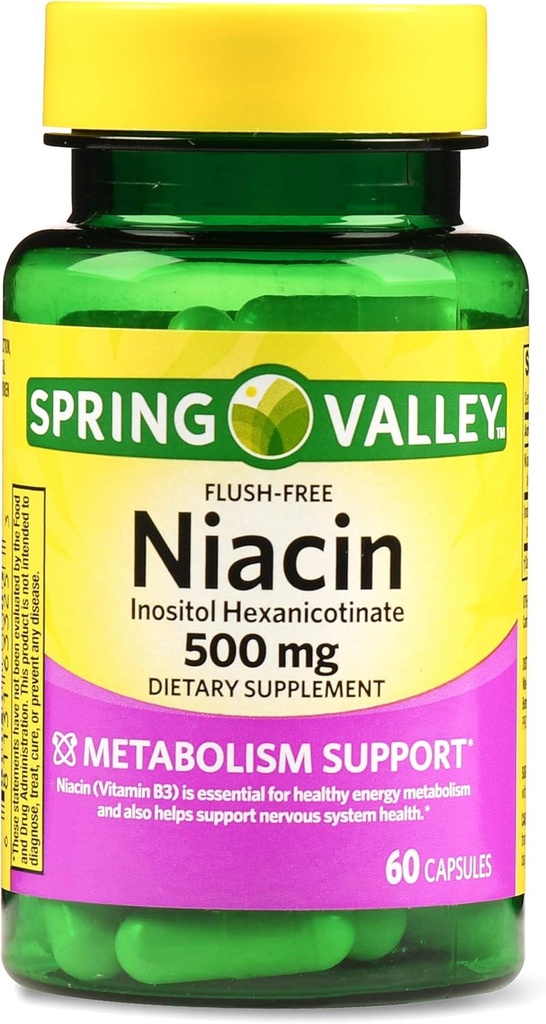 Spring Valley Flush-free Niacin 500 mg Stoffwechselunterstützung, 60 Kapseln (Pack von 2)