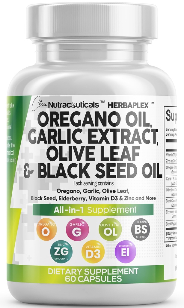 Huile Nutra Origan propre à l'huile de graines noires Extrait de feuille d'olive ailique - Huile d'Origan Capsules Immune Soutien Carvacrol & Thymoquinone Supplément pour les femmes et les hommes + Vitamine D3 & Zinc