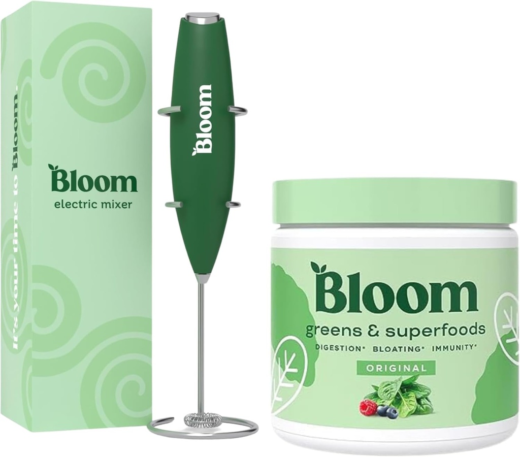 Bloom Nutrition Superfood Greens Powder, Verdauungsenzyme mit Probiotika und Präbiotika, Gut Health, Bloating Relief, Original + Milch Frother High Powered Hand Mixer