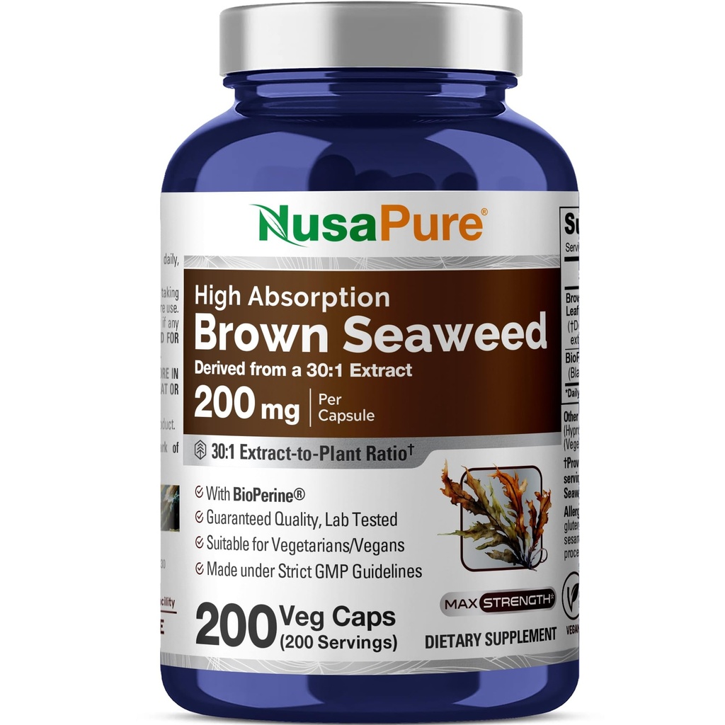 NusaPure Brown Seaweed 30:1 Extrait, 200 mg équivalent à 6 000 mg 200 Capsules de Veggie - (Vegan, Biopérine non-OGM)