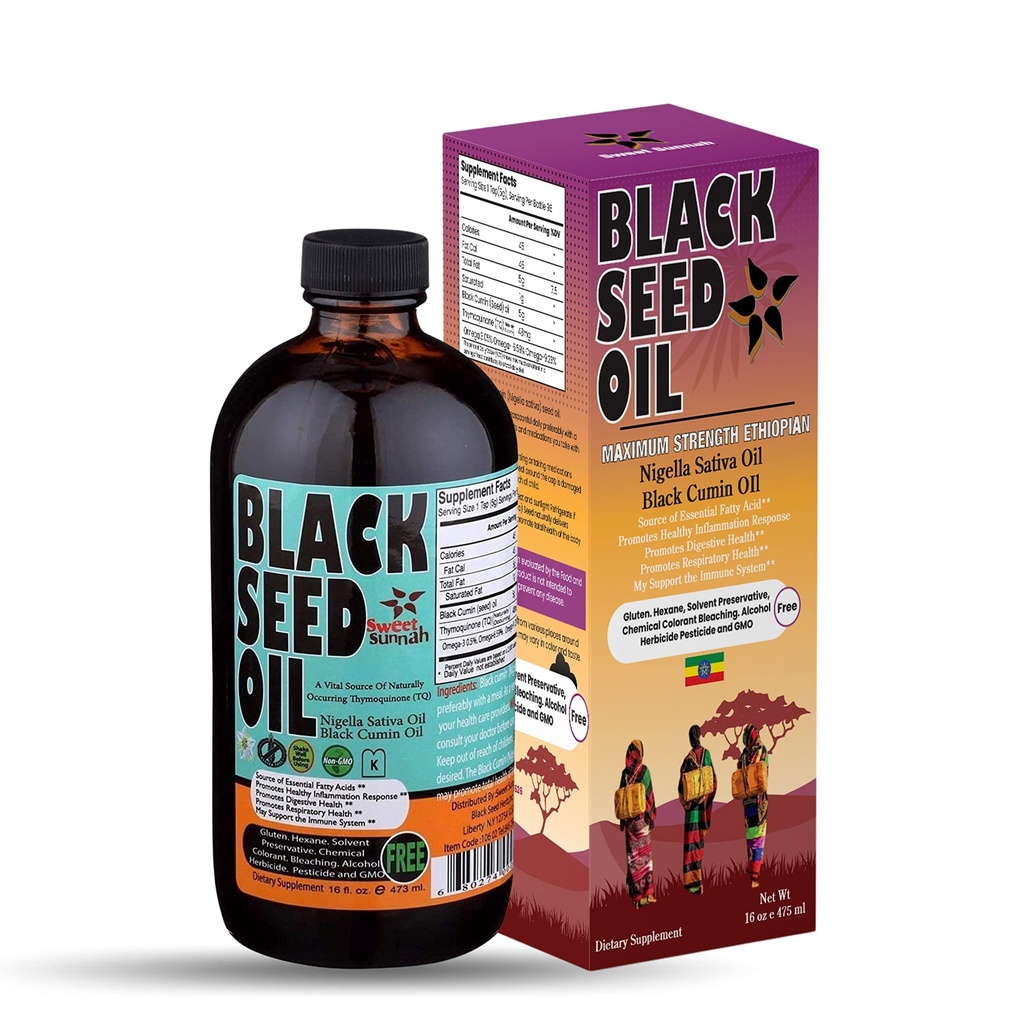 Äthiopischer Schwarzer Seedöl - 3,43% Thymochinon kalt-gepresster schwarzer Cumin von Pure Nigella Sativa gesehen - Erstes Pressen Blackseed Non-GMO Verbessert - 16 Oz Glasflasche Sweet Sunnah