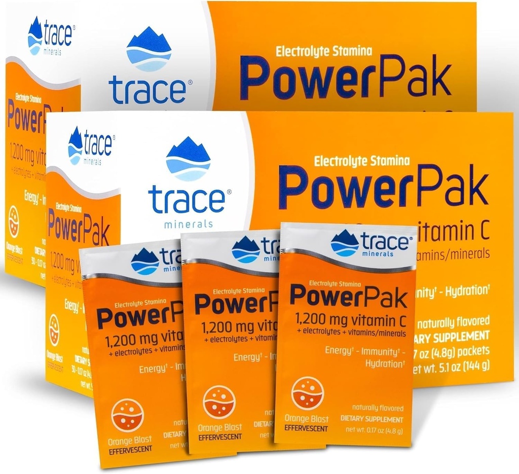 Trace Minerals | Power Pak Elektrolyt Pulver-Packets | 1200 mg Vitamin C, Zink, Magnesium | Boost Immunität, Hydration und natürliche Energie | Orange Blast | 60 Packungen