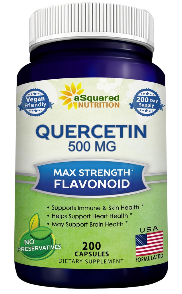 aSquared Nutrition Quercetin 500mg Supplément - 200 Capsules - Quercetin Dihydrate pour soutenir la santé cardiovasculaire - Pilules complexes de poudre Max Strength pour aider à améliorer la réponse immunitaire