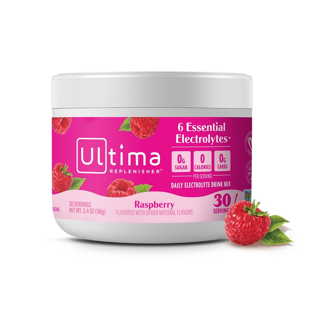 Ultima Replenisher Daily Electrolyte Powder Drink Mix – Sugar Free – Raspberry, 30 Servings – Hydration Powder with 6 Key Electrolytes and Trace Minerals – Keto Friendly, Vegan, Non-GMO