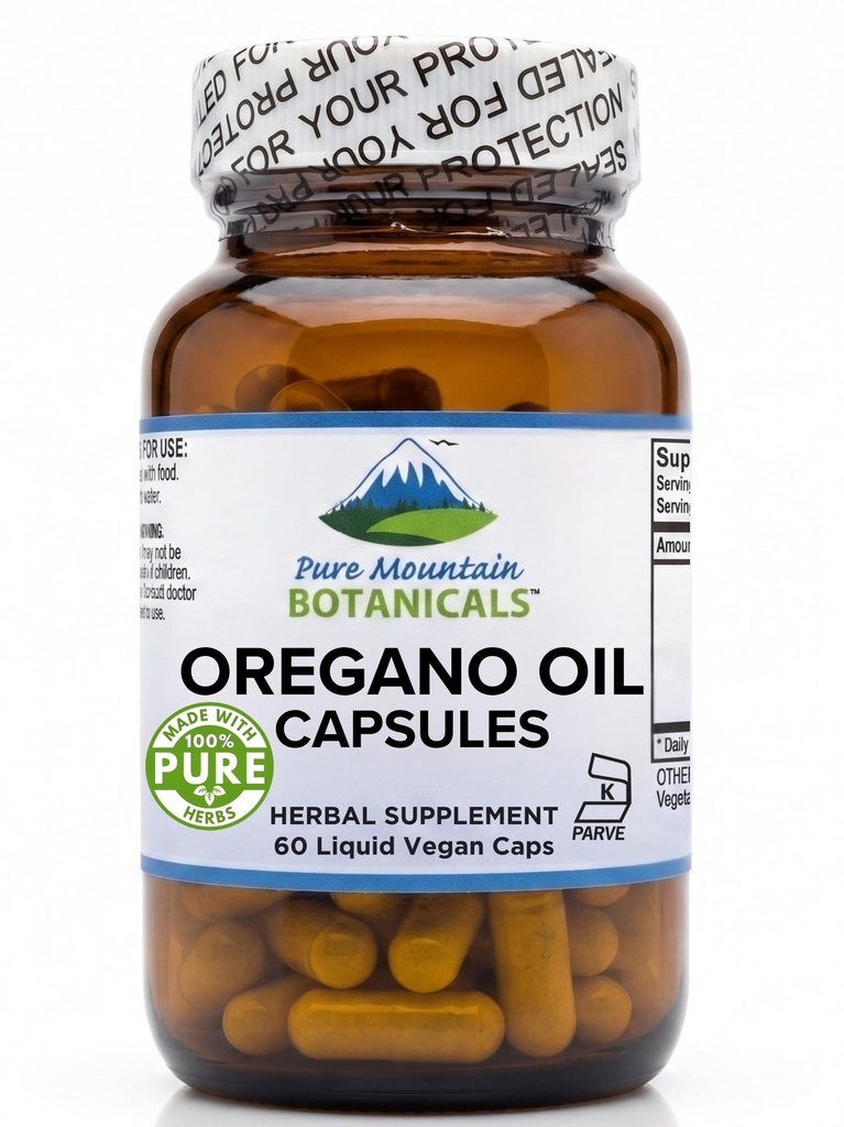 Pure Mountain Botanicals Wild Oregano Capsules d'huile - 60 Kosher Caps végétaliens maintenant avec 510mg huile méditerranéenne de supplément Oregano
