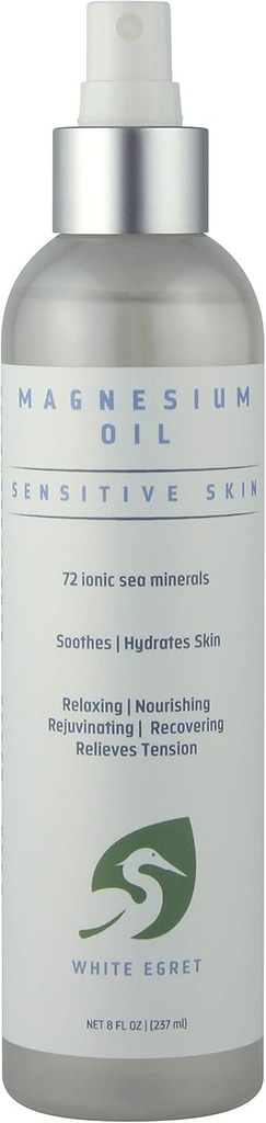 Weiß Egret | Magnesium Öl Spray Sensitive Haut mit 72 Ionic Meer Minerals | Beruhigende, reizende, verjüngende und wiederverwertende Eigenschaften | 8 Fl Oz