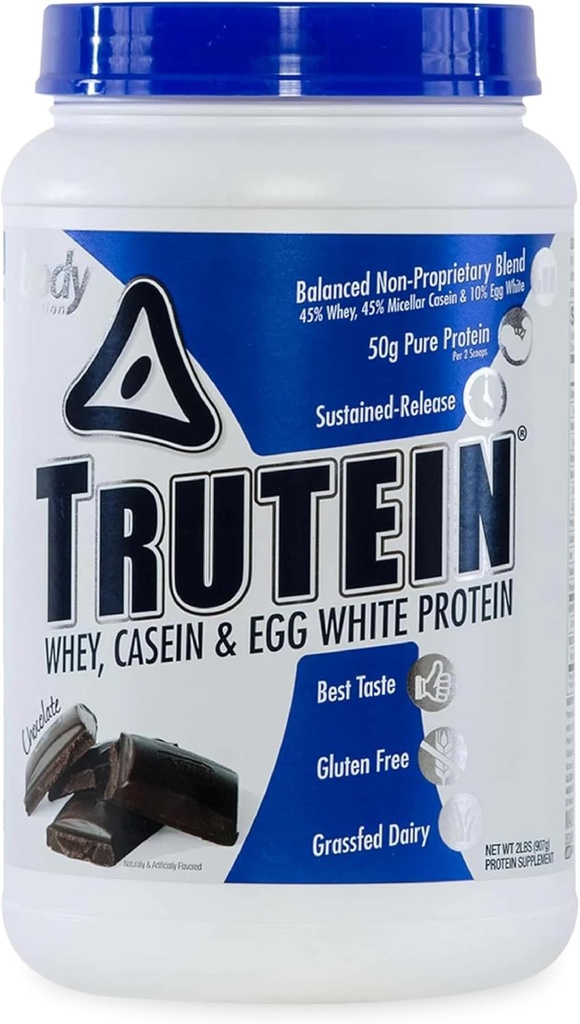 Body Nutrition Trutein High Protein Powder: 45% Whey, 45% Casein, 10% Egg White Protein Shake Mix, Glutenfrei, Low Sodium, Low Carb Protein Supplement Powder für Männer & Frauen, Schokolade, 2lb