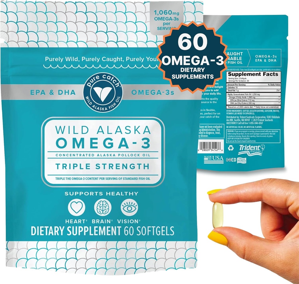 Trident Seafoods Pure Catch Wild Alaskan Fish Oil 1060mg Triple Strength Omega-3 Fish Oil Supplement für Frauen und Männer - EPA und DHA - 60 Ct. Daily Citrus Soft Gel unterstützt Herz, Gehirn und Vision