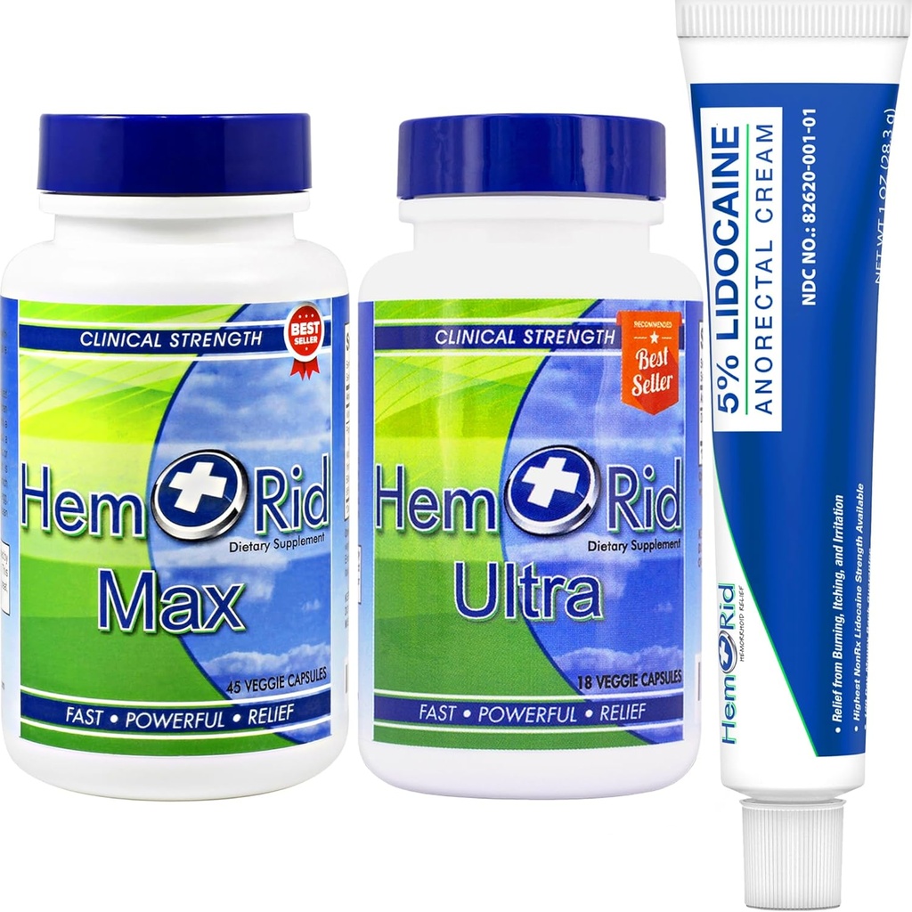 HemRid Komplettes Hämorrhoid Care System – Potent 5% Lidocaine Cream für schnellen topischen Komfort, Max Ultra Kapseln für laufende Gefäßgesundheit und Kreislaufunterstützung