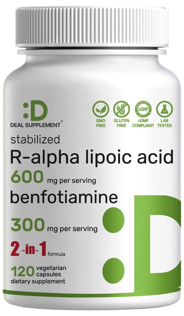 DEAL SUPPLEMENT R Alpha Lipoic Acid 600mg mit Benfotiamin 300mg pro Servierung, 120 Veggie Kapseln – 200mg R-ALA pro Kapsel – Antioxidante Ergänzung für Energie & Nervous System Support