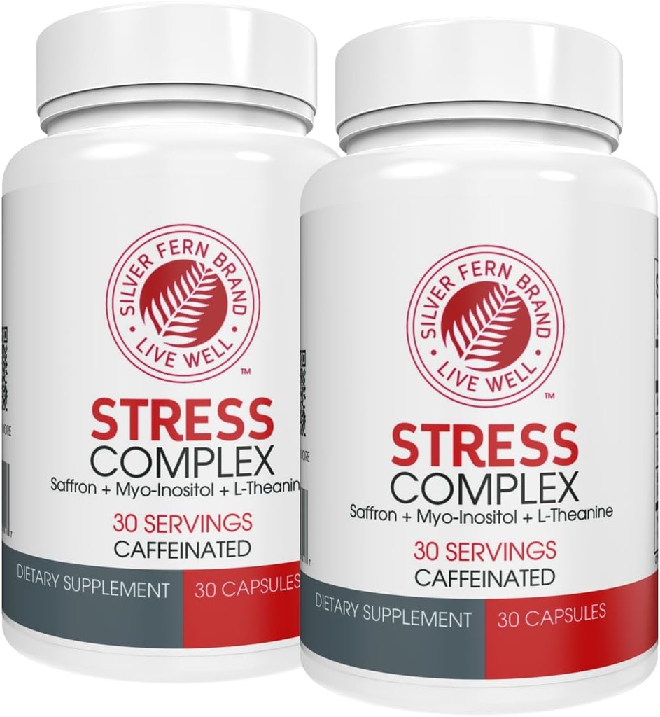 Supplément complexe de stress de la fougère d'argent - avec caféine - sommeil, inquiétude, humeur et plus - avec suppléments de safran, supplément de L-Theanine, et Myo-inositol - supplément de stress naturel (Pack o 2)