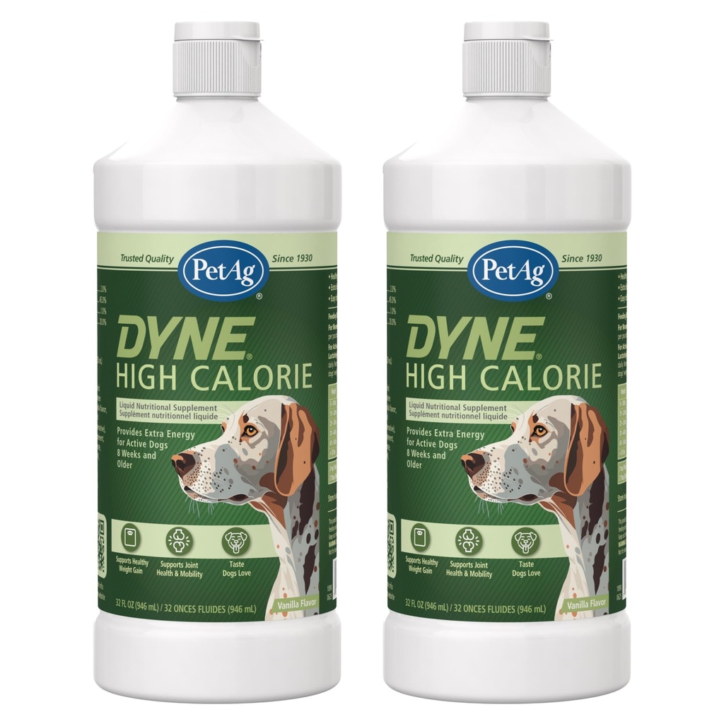 Pet-Ag Dyne High Calorie Liquid Nahrungsergänzungsmittel für Hunde & Welpen 8 Wochen und älter - 32 Unzen, Paket von 2 - Unterstützt Leistung und Ausdauer - Sweet Vanilla Flavor
