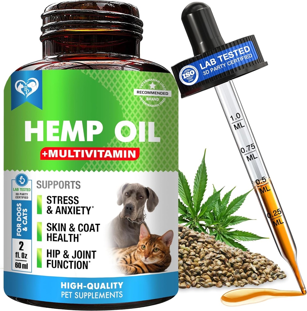 Cat & Dog Hanf Öltropfen mit Multivitamin - Pet Calming Anti Angst & Hip und Gelenk Schmerzen Aid und Anti Stress Unterstützung - Natürliche flüssige Ergänzung (2 oz)