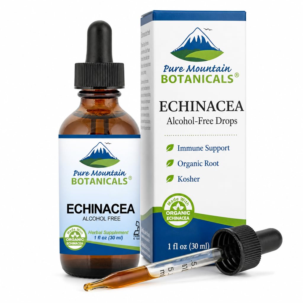 Pure Mountain Botanicals Liquid Echinacea Tropfen – Kosher Tincture Alkohol freier Extrakt - 500mg Bio Echinacea -1oz Flasche