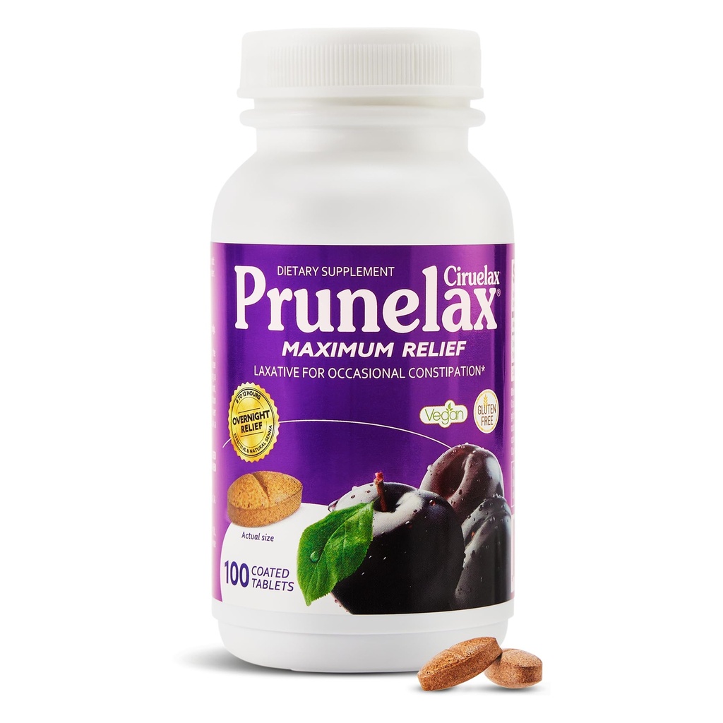 Prunelax Ciruelax Maximum Relief Laxative Tablets mit natürlichem Senna für okzionale Verstopfung, Senna Extract, Vegan & Glutenfrei, Sanfte Übernachtung Relief - 100ct