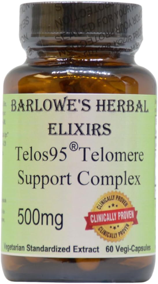 Barlowes Kräuter Elixier Telos95® Telomere Support Complex | Advanced Cellular Health & Longevity Formula | 500mg mit Astragalus Extract | Non-GMO, Stearate-Free, Glass Bottled