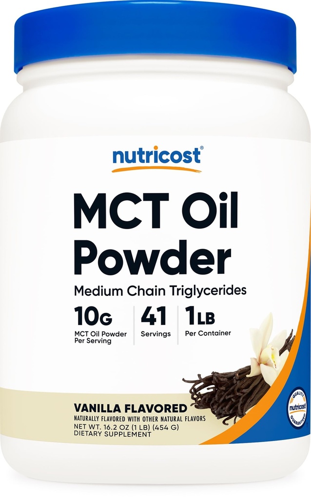 Poudre d'huile MCT Premium Nutricost (1 LB, Vanille) - Meilleur pour les régimes kéto, kétose et kétogénique - Zéro carbure net, sans OGM et sans gluten, triglycéride à chaîne moyenne