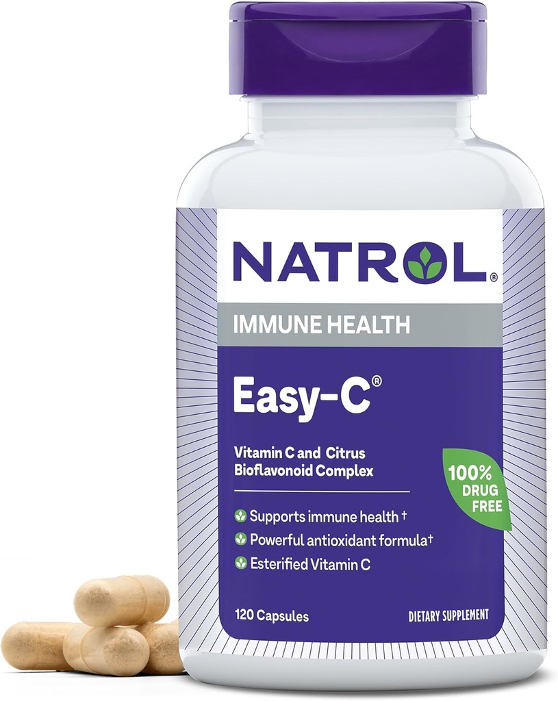 Natrol Easy-C Immun Gesundheit, Nahrungsergänzungsmittel, unterstützt Immungesundheit mit Vitamin C und Bioflavonoiden, Veggie Kapseln, 500 mg, 120 Count