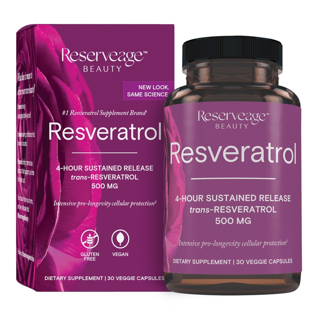 Réserve Beauté, Resvératrol 500 mg, Supplément antioxydant pour la santé cardiaque et cellulaire, soutient le vieillissement en santé et le système immunitaire, Paléo, Keto, 30 capsules