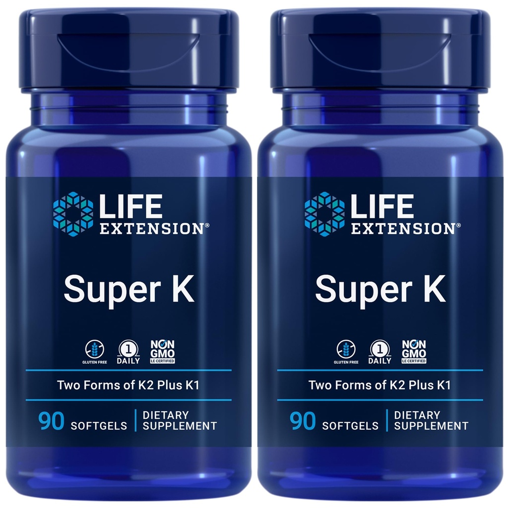 Life Extension Super K, Vitamin K1, Vitamin K2 mk-7, Vitamin K2 mk-4, Vitamin C, Bone/Heart/arterielle Gesundheit, 3-Monats-Versorgung, Glutenfrei, 1 Täglich, Non-GMO, 90 Softgel (Pack von 2)