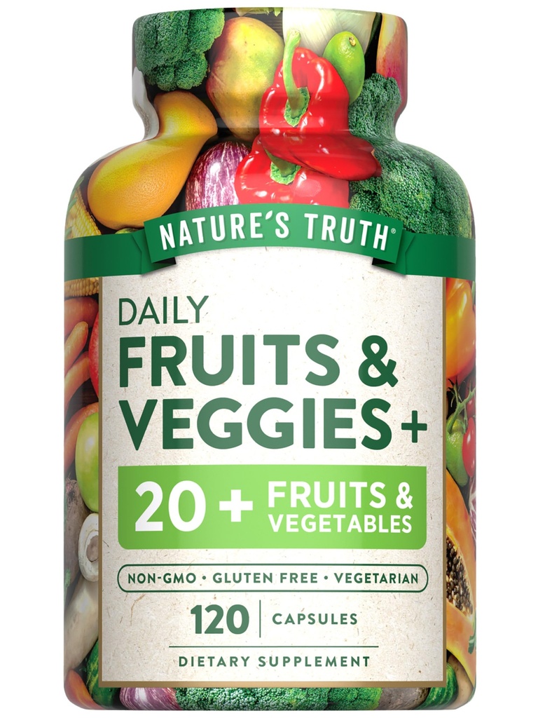 Nature's Truth Fruit and Veggies Supplement | 120 Vegetarische Kapseln | 20+ Obst & Gemüse | Vegetarische, nicht gentechnisch veränderte und glutenfreie Ergänzung