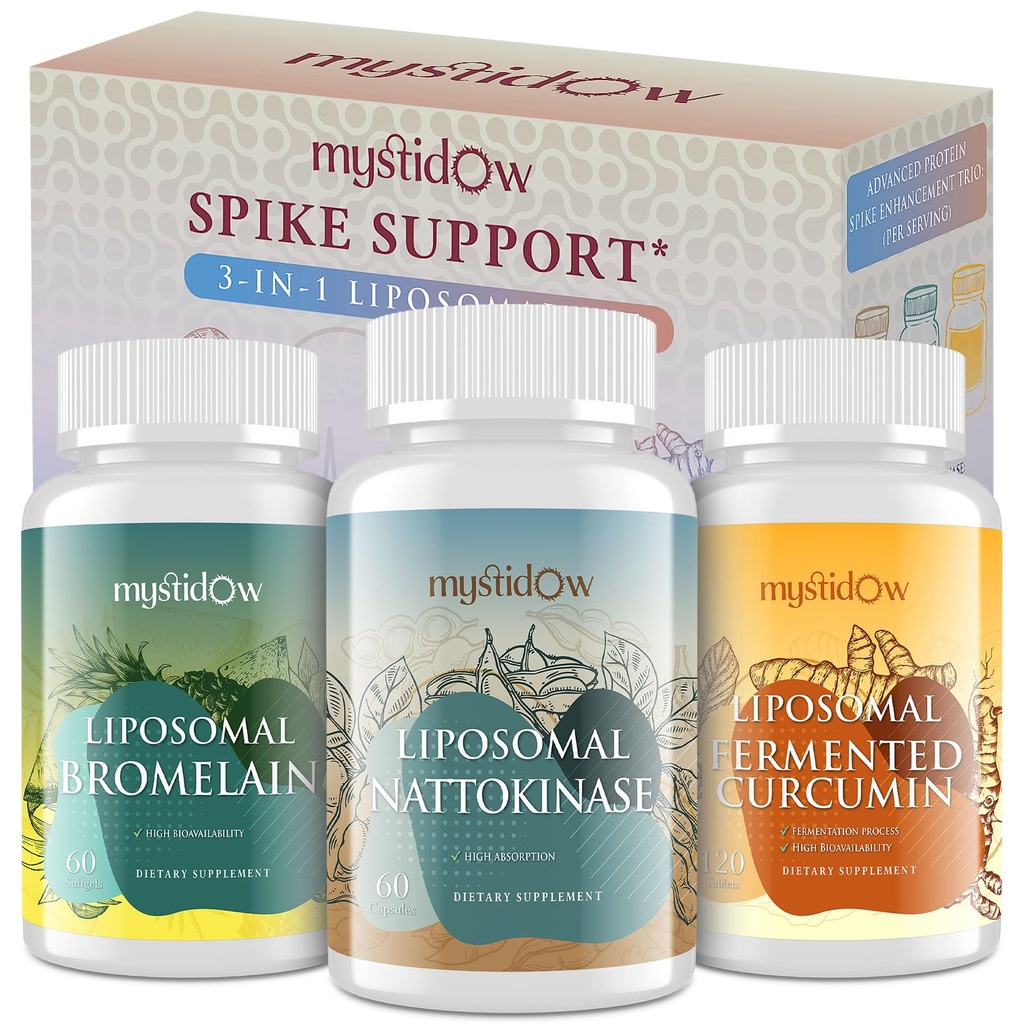 Spike-Unterstützung Trio | Liposomal Nattokinase 8000 FU 500mg, Bromelain 1150 mg & Fermented Curcumin 1800 mg | Hohe Potenz, Verbesserte Absorption Formel | für Immun, Herz & Kreislauf| 60 Servierungen